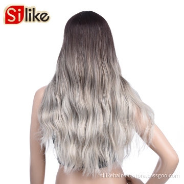 Wholesale Long Ombre Black Silver Machine Made Wig For Black Women Daily Use Heat Resistant Synthetic Body Wave Haircut Wigs